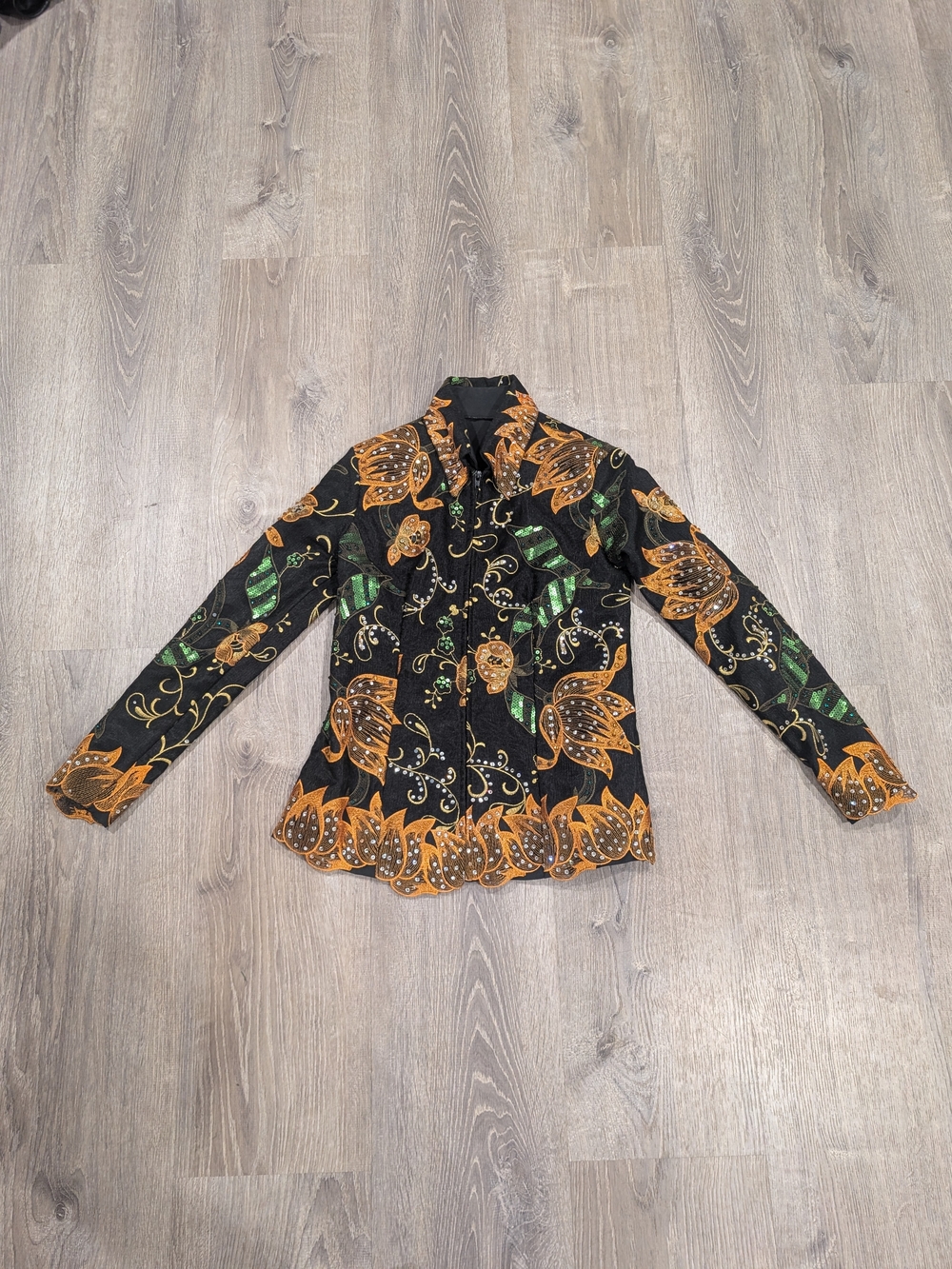 Vintage Western Horse Show Jacket Shirt Black Orange Sequin Embroidered S/M